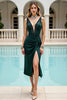 Load image into Gallery viewer, Pine Satin V Neck Beaded Midi Bodycon Prom Dress with Slit