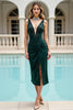 Load image into Gallery viewer, Pine Satin V Neck Beaded Midi Bodycon Prom Dress with Slit