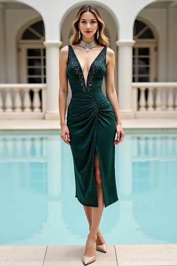 Pine Satin V Neck Beaded Midi Bodycon Prom Dress with Slit