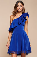 Load image into Gallery viewer, Royal Blue One Shoulder Ruffled A Line Short Prom Dress