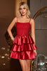 Load image into Gallery viewer, Dark Red Satin A Line Tiered Short Corset Prom Dress