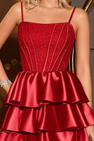 Load image into Gallery viewer, Dark Red Satin A Line Tiered Short Corset Prom Dress