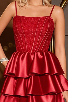 Dark Red Satin A Line Tiered Short Corset Prom Dress