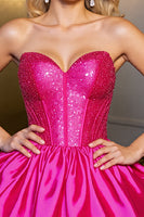 Load image into Gallery viewer, Sparkly Fuchsia Satin Strapless Short Corset Prom Dress