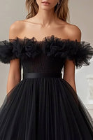 Load image into Gallery viewer, Black Off the Shoulder A Line High-Low Formal Dress