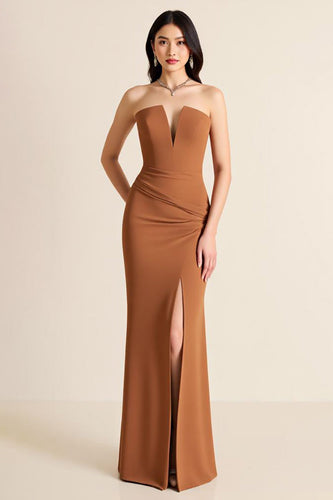 Brown Sheath V Neck Long Formal Dress with Slit