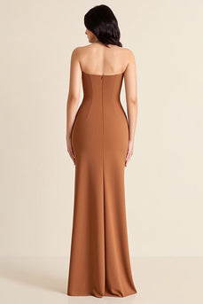 Brown Sheath V Neck Long Formal Dress with Slit
