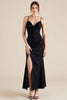 Load image into Gallery viewer, Black Spaghetti Straps Ruched Sheath Formal Dress with Slit