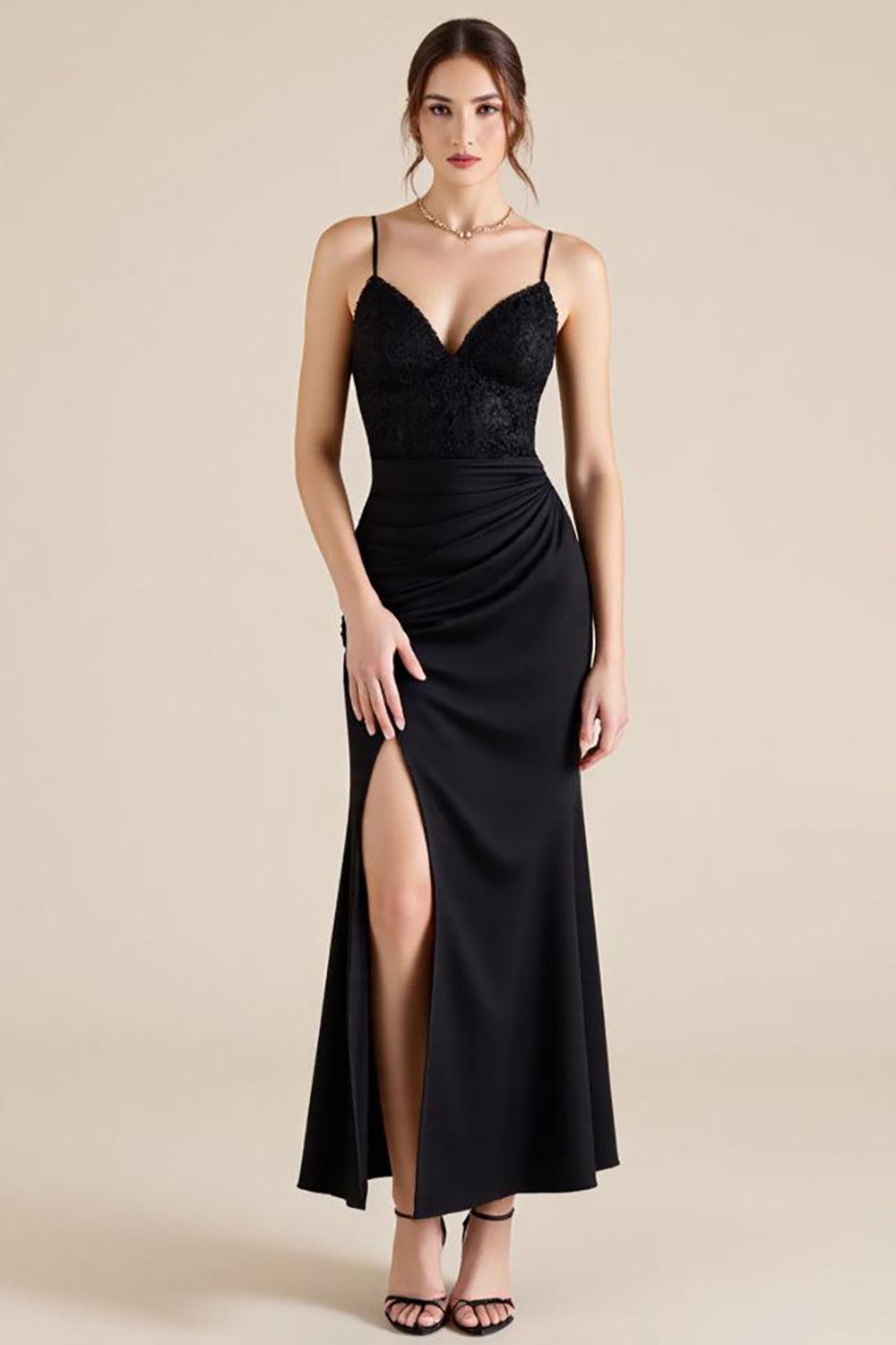 Black Spaghetti Straps Ruched Sheath Formal Dress with Slit