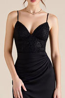 Load image into Gallery viewer, Black Spaghetti Straps Ruched Sheath Formal Dress with Slit