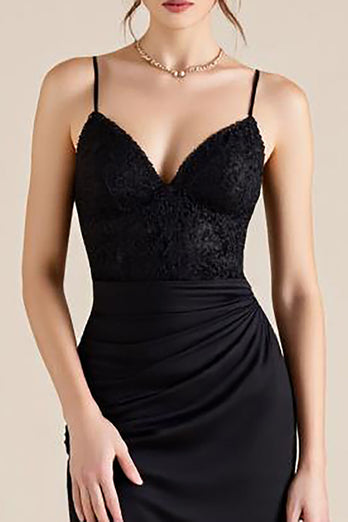 Black Spaghetti Straps Ruched Sheath Formal Dress with Slit