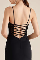 Load image into Gallery viewer, Black Spaghetti Straps Ruched Sheath Formal Dress with Slit