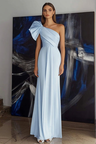 Sky Blue Ruched Satin Sheath One Shoulder Formal Dress with Bow