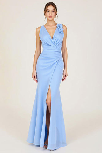 Sky Blue V-Neck Ruched Sheath Formal Dress with Slit