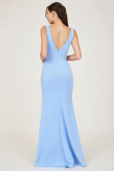 Sky Blue V-Neck Ruched Sheath Formal Dress with Slit