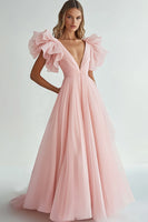 Load image into Gallery viewer, Pink V Neck A line Chiffon Long Formal Dress with Ruffles