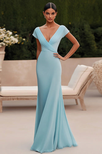 Simple Sky Blue Chiffon V Neck Ruched Sheath Formal Dress