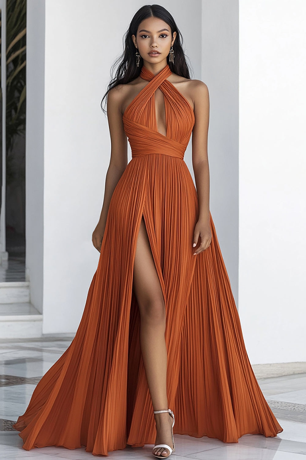 Orange A Line Chiffon Halter Neck Pleated Formal Dress with Slit