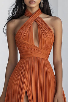 Orange A Line Chiffon Halter Neck Pleated Formal Dress with Slit