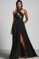 Load image into Gallery viewer, Black A Line Pleated Halter Neck Formal Dress with Slit