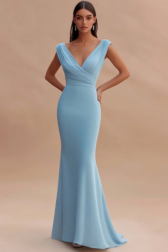 Simple Sky Blue Mermaid V Neck Ruched Long Formal Dress