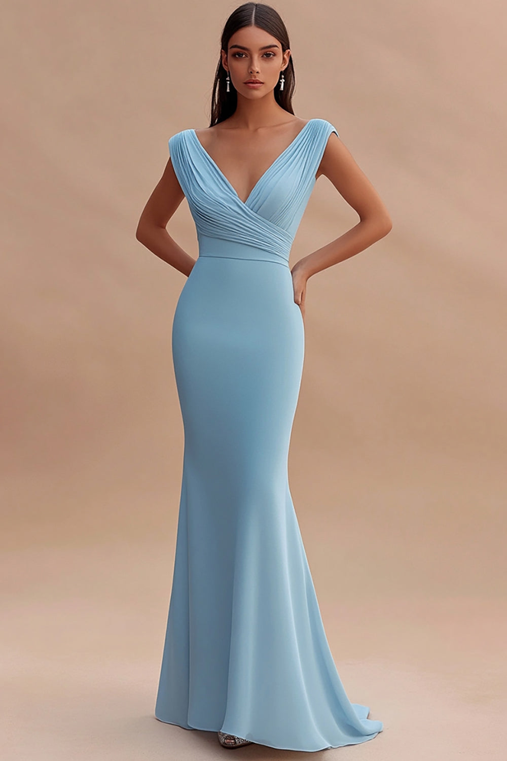Simple Sky Blue Mermaid V Neck Ruched Long Formal Dress