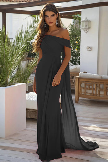 Black Chiffon Sheath Off the Shoulder Long Formal Dress