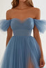 Load image into Gallery viewer, Grey Blue Off the Shoulder A Line Long Formal Dress with Slit