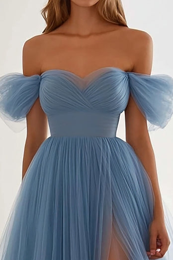 Grey Blue Off the Shoulder A Line Long Formal Dress with Slit
