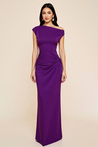Plum Ruched Satin Sheath Asymmetrical Long Formal Dress
