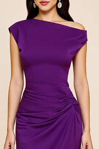 Plum Ruched Satin Sheath Asymmetrical Long Formal Dress