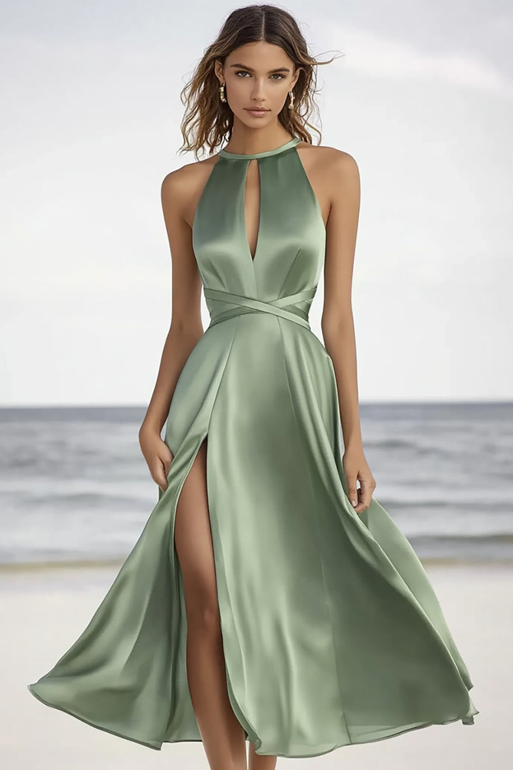 Dusty Sage Satin High Neck Semi Formal Dress with Slit