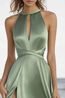 Load image into Gallery viewer, Dusty Sage Satin High Neck Semi Formal Dress with Slit