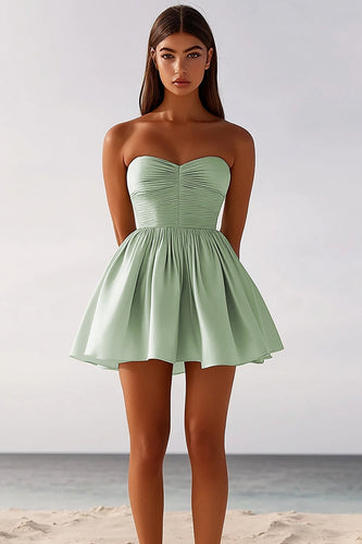 Sage Green Satin Sweetheat Ruched A-Line Short Graduation Dress