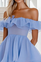 Load image into Gallery viewer, Blue Organza Off the Shoulder Short Graduation Dress with Ruffles