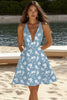 Load image into Gallery viewer, Blue White Flower V Neck A Line Short Graduation Dress