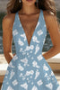 Load image into Gallery viewer, Blue White Flower V Neck A Line Short Graduation Dress