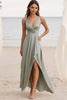 Load image into Gallery viewer, Dusty Sage Ruched V Neck Long Boho Maxi Dress with Slit