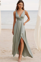 Load image into Gallery viewer, Dusty Sage Ruched V Neck Long Boho Maxi Dress with Slit