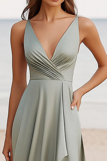 Dusty Sage Ruched V Neck Long Boho Maxi Dress with Slit