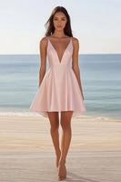 Load image into Gallery viewer, Pink Satin V Neck A Line Short Graduation Dress