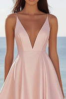 Load image into Gallery viewer, Pink Satin V Neck A Line Short Graduation Dress
