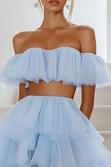 Sky Blue Two Pieces Tulle Short Graduation Dress with Ruffles