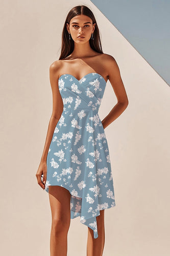 Blue White Flower Sweetheart Flower Asymmetrical Short Summer Dress