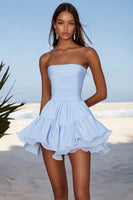 Load image into Gallery viewer, Sky Blue Ruched Chiffon Short Graduation Dress with Ruffles