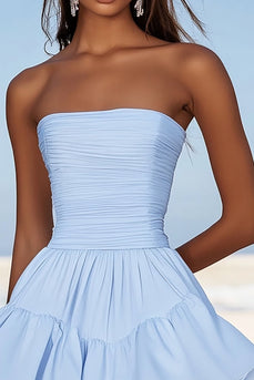 Sky Blue Ruched Chiffon Short Graduation Dress with Ruffles