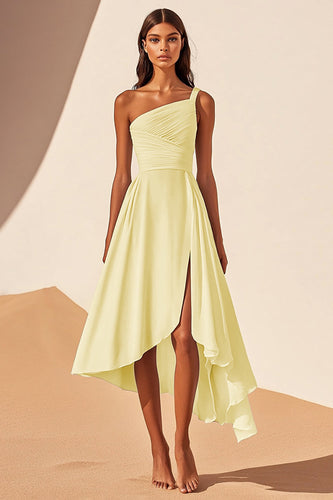 Daffodil Chiffon A Line Ruched Midi Graduation Dress with Slit