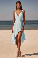 Load image into Gallery viewer, Sky Blue Chiffon Ruched V Neck Asymmetrical Short Graduation Dress