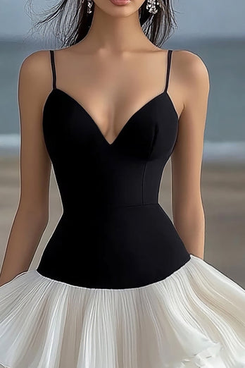 Black and White Chiffon Asymmetrical Short Graduation Dress with Ruffles