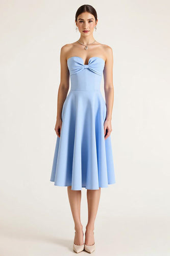 Sky Blue A Line Satin Midi Graduation Dress with Bow
